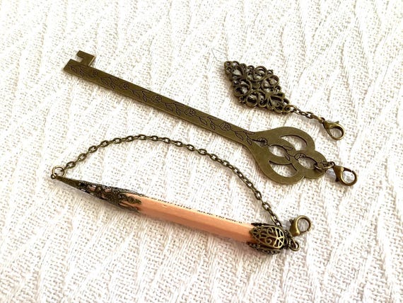 Victorian Style Chatelaine Sewing Tool Set: Bronze Needle Threader, Pencil, Ruler