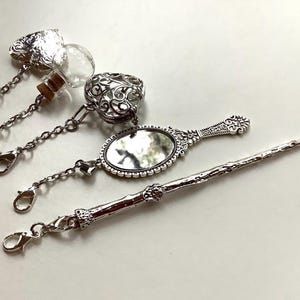 Victorian Style Chatelaine Tools: Silver Locket, Aromatherapy Cage, Mirror, Bottle, Hair Stick