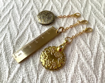 Victorian Style Chatelaine Tools: Gold Filigree Locket, Yarn Cutter, Ruler