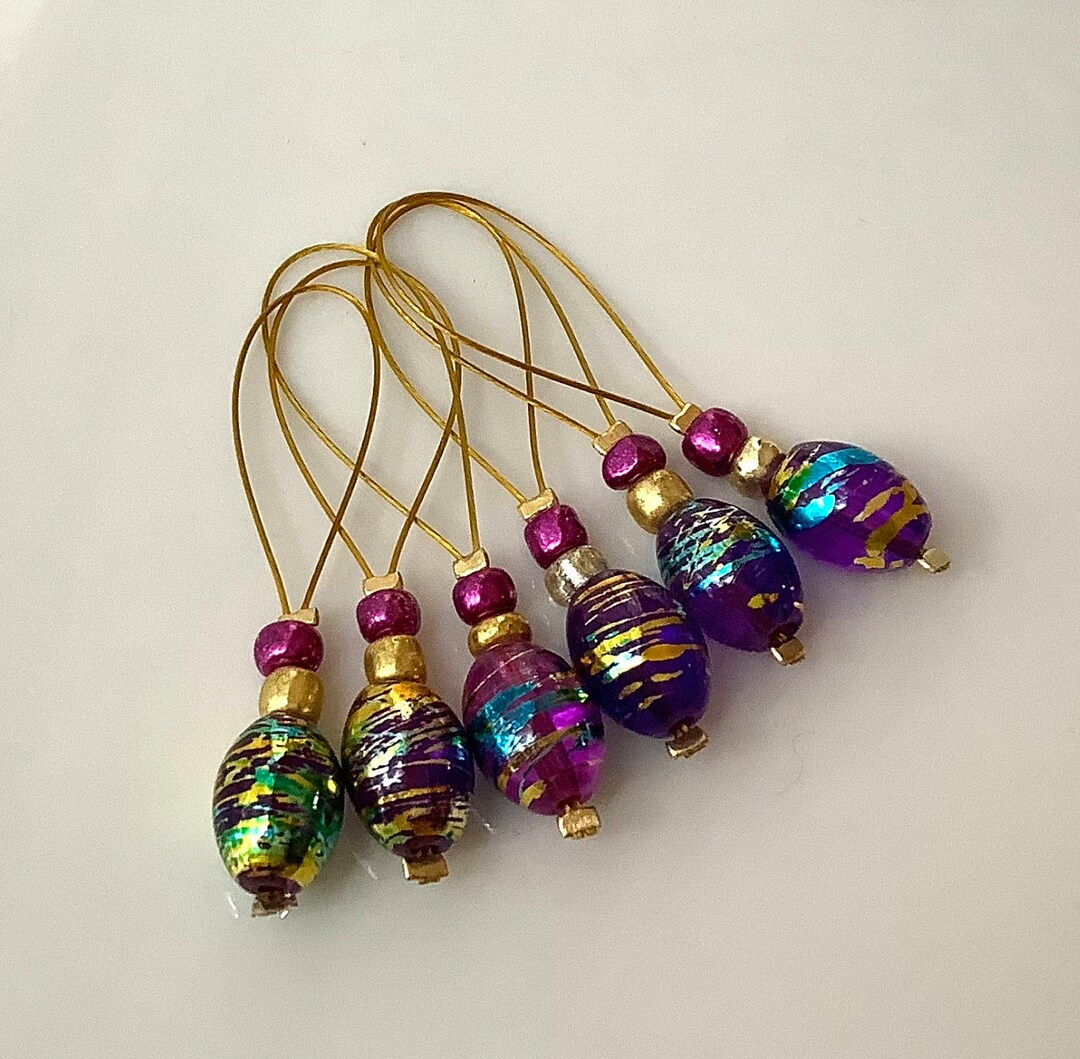 6 Beautiful Glass Bead Stitch Markers, Shiny Purple Markers for