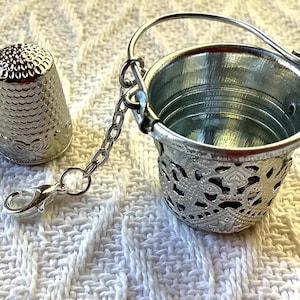 Victorian Style Thimble Bucket: Felt-Lined Thimble Holder, Chatelaine Tool