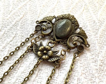 Small Antique-Bronze Gemstone Chatelaine: Victorian Style Sewing Tool Organizer, Vintage Looking Crafting Accessory