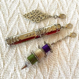 Victorian Style Chatelaine Sewing Tool Set: Silver Needle Case, Needle Threader, Bobbin holder