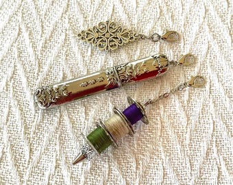 Victorian Style Chatelaine Sewing Tool Set: Silver Needle Case, Needle Threader, Bobbin holder
