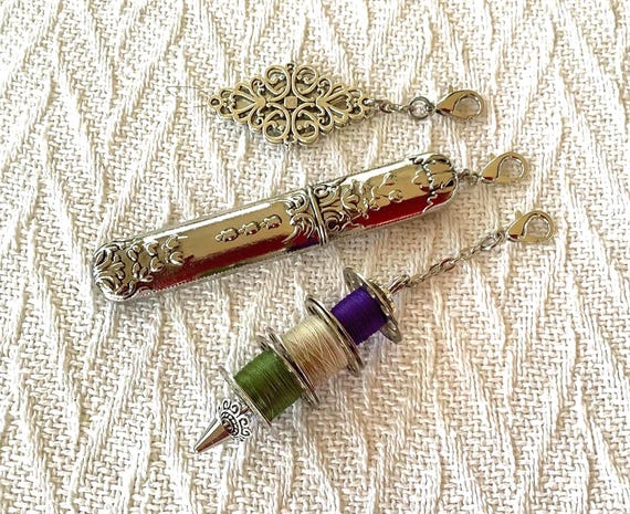 Victorian Style Chatelaine Sewing Tool Set: Silver Needle Case, Needle Threader, Bobbin holder