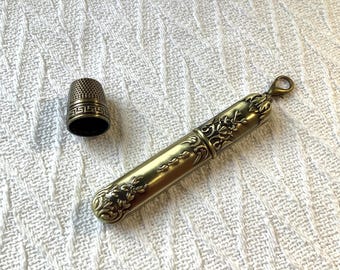 Victorian Style Pale Bronze Needle Case with Thimble, Floral Motif Chatelaine Tool