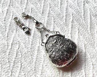 Silver Chatelaine Coin Purse Charm with Hand Charm: Victorian Style Trinket Box
