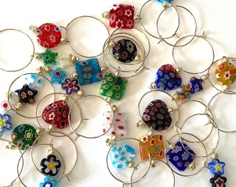 Set of 8, 12, or 16 wine glass charms, mixed selection of millefiori wine glass tags, choose how many party glass tags