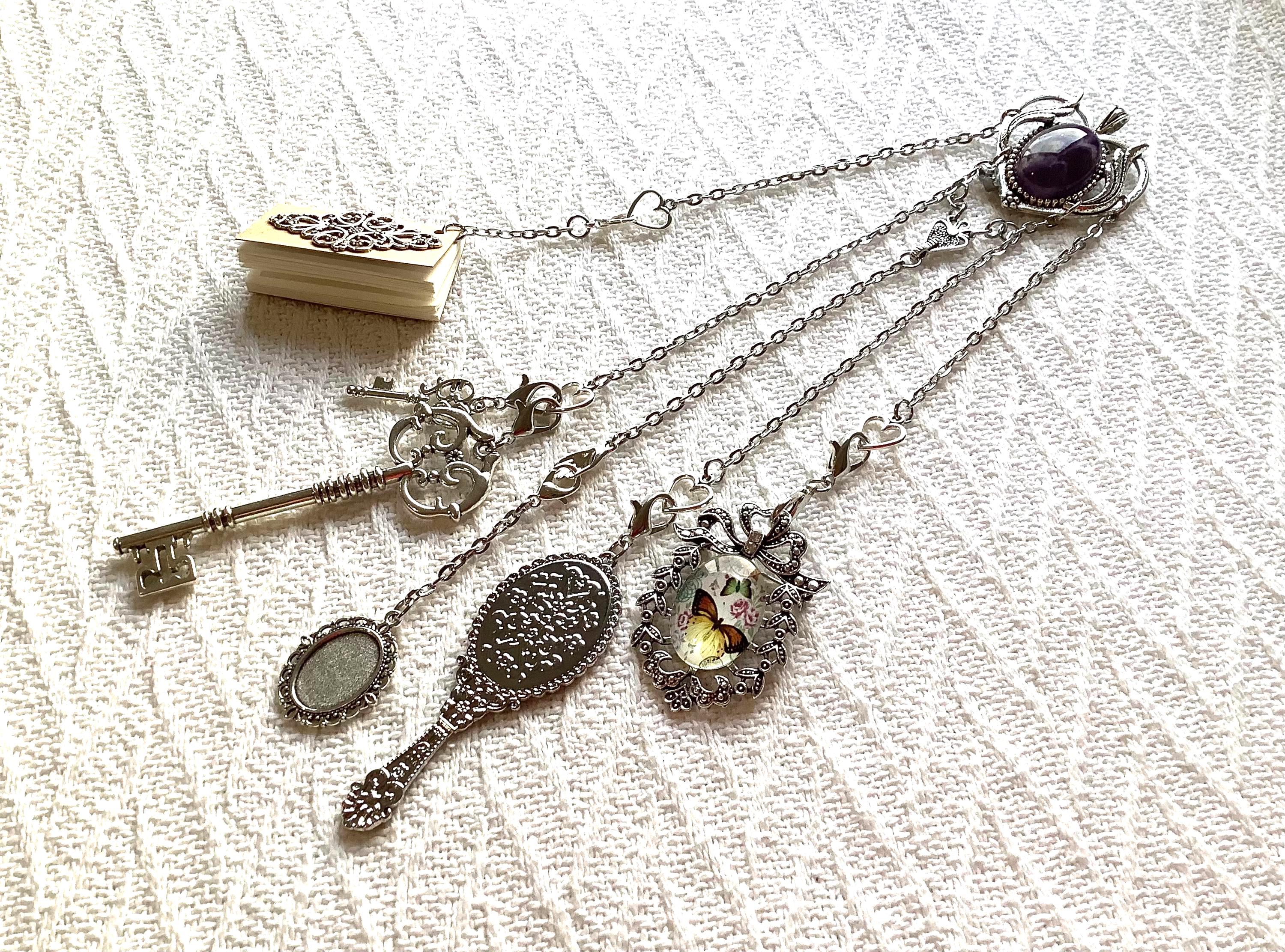 6 Piece Silver Charm Heart Chatelaine: Victoria Style Whimsical Belt Clip