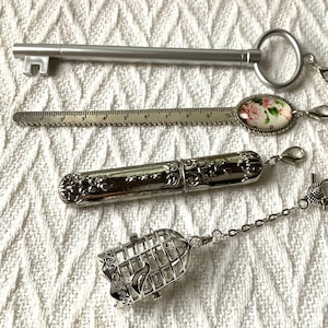 Silver Chatelaine Sewing Tool Set: Needle Case, Thimble Cage, Ruler, Pen