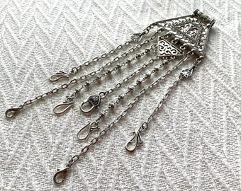 Angular Silver Chatelaine: Vintage Style Sewing Tool Organizer Accessory With 7 Chains