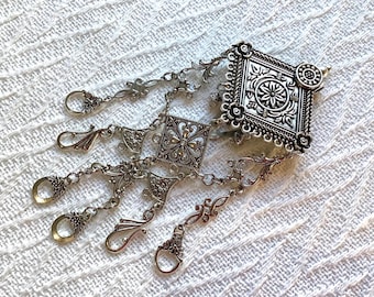 Victorian Style Silver Boho Chatelaine: Decorative Sewing Tool Organizer Accessory