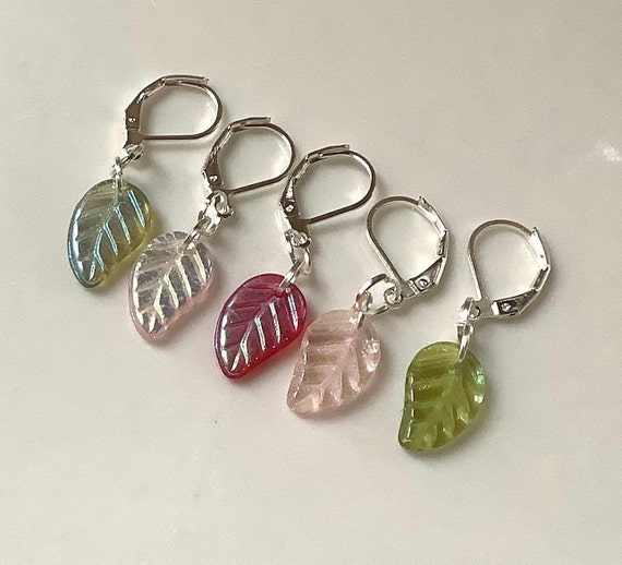5 Leaf Stitch Markers Czech Glass Stitch Markers Leaves Etsy
