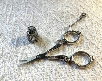 Floral Silver Sewing Scissors and Thimble, Antique Style Chatelaine Tool