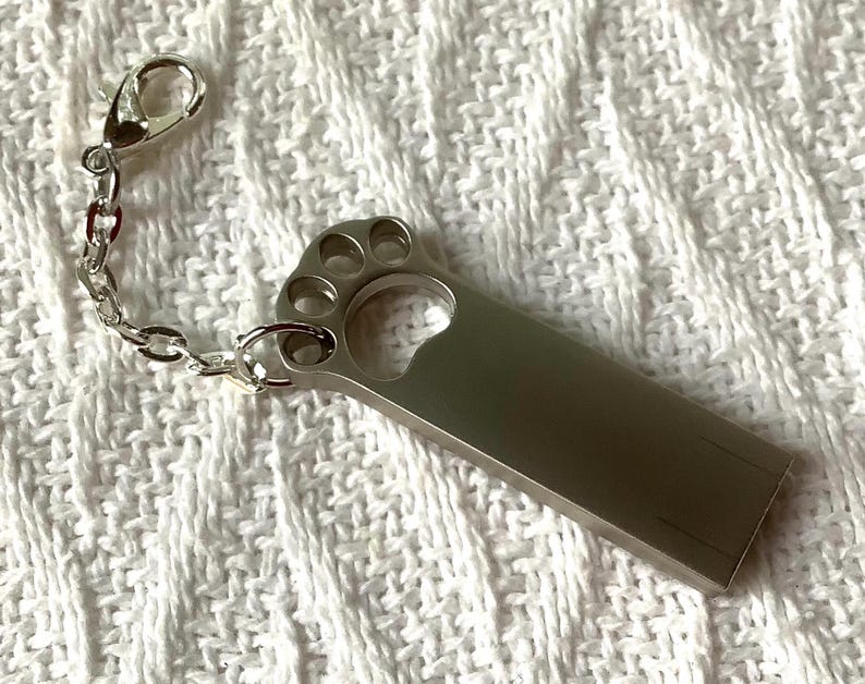May include: A silver USB flash drive with a paw print design, attached to a chain and clasp. The drive is rectangular with a smooth, metallic finish. The paw print has four circular cutouts for the toes and a larger cutout for the pad.