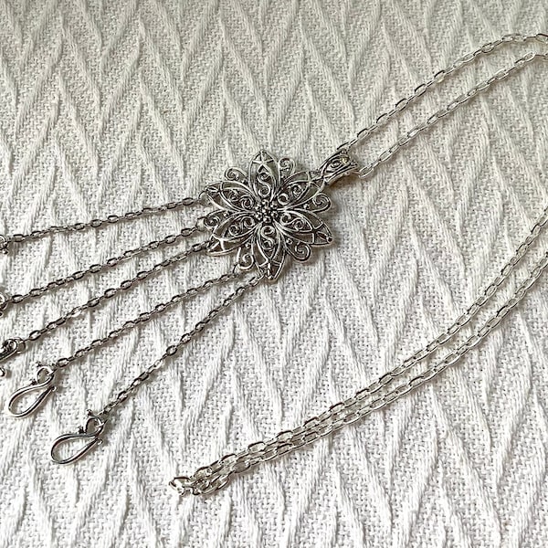 Vintage style chatelaine, silver flower chatelaine, tool necklace, necklace for knitting tool, Christmas gift, sewing tool organiser