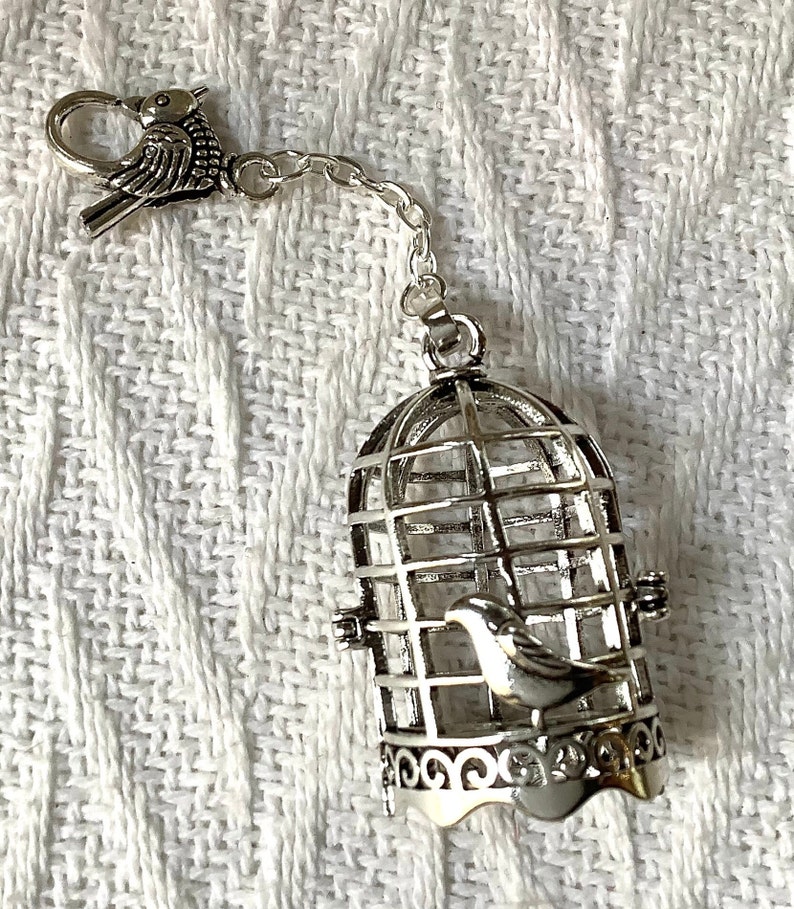 May include: A silver birdcage charm with a small bird inside. The cage has a detailed design and is attached to a silver chain with a bird-shaped clasp.