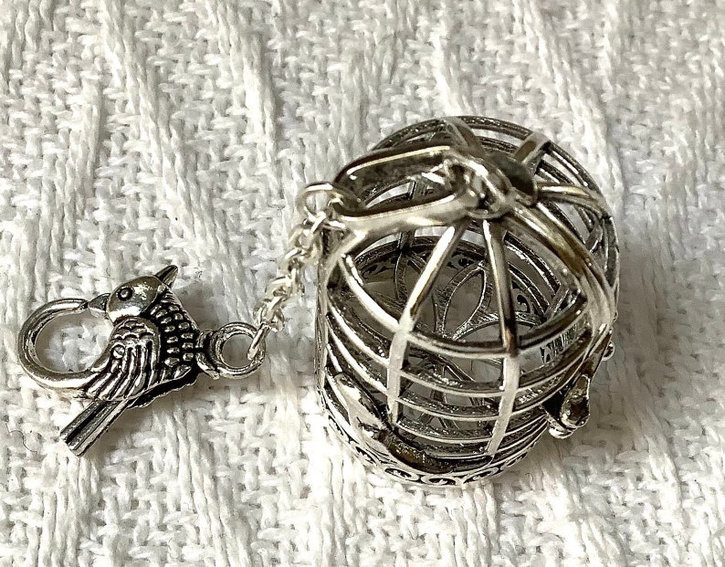 May include: Silver birdcage charm with a small bird attached to the side. The cage is detailed with intricate designs and has a small loop at the top for attaching to a necklace or bracelet.