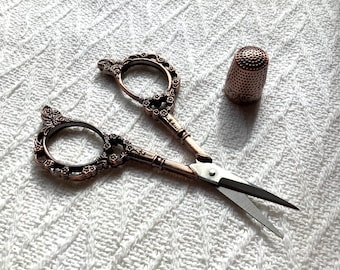 Floral Antique-Copper Sewing Scissors with Thimble: Victorian Chatelaine Tool