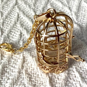May include: A gold-colored birdcage charm with a hinged door and a small chain attached. The cage is detailed with intricate scrollwork.
