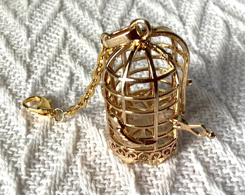 May include: A gold-colored birdcage charm with a hinged door and a small chain attached. The cage is detailed with intricate scrollwork.