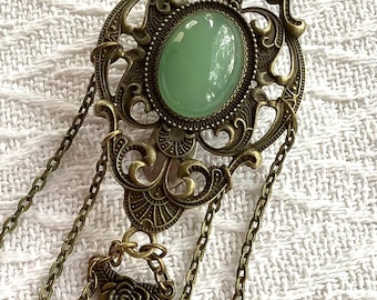 Bronze Gemstone Chatelaine: Victorian Style Sewing Tool Organizer with 7 Chains