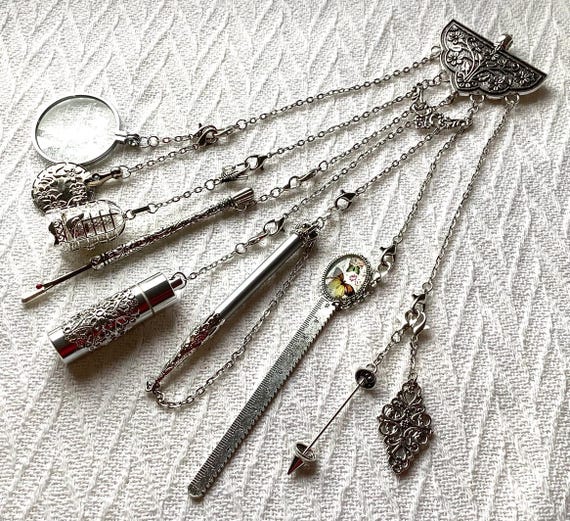 Absolute 10 Piece Silver Sewing Chatelaine: Victorian Style Crafting Tool Set and Organizer