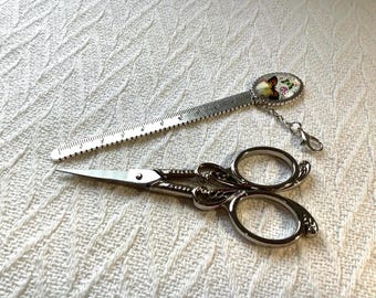 Sewing Embroidery Scissor and Ruler: Antique-Silver Victorian Style