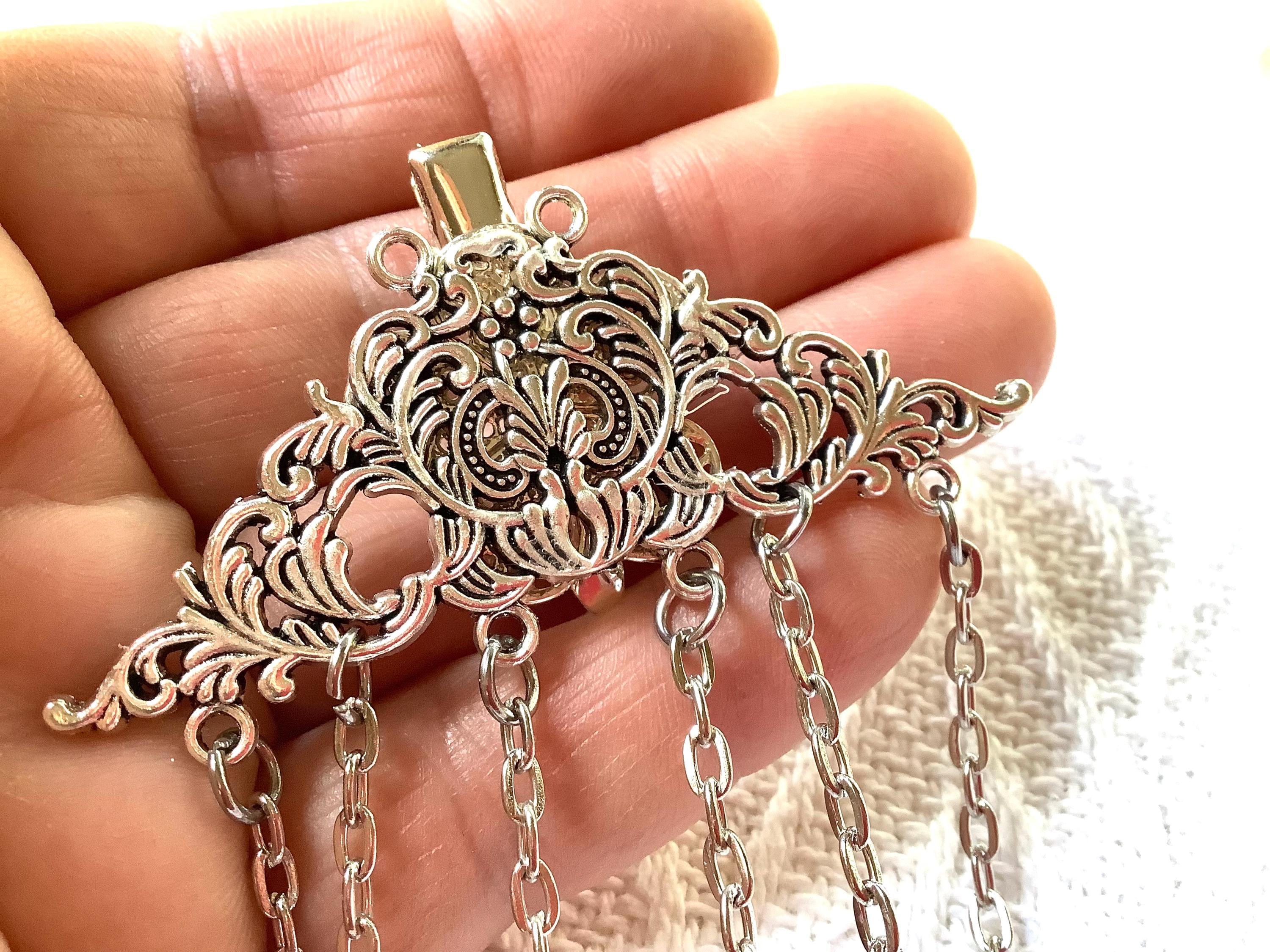 Victorian style silver chatelaine, flower chatelaine, sewing tool organizer, crafting tool holder, craft tool minder, historical costume