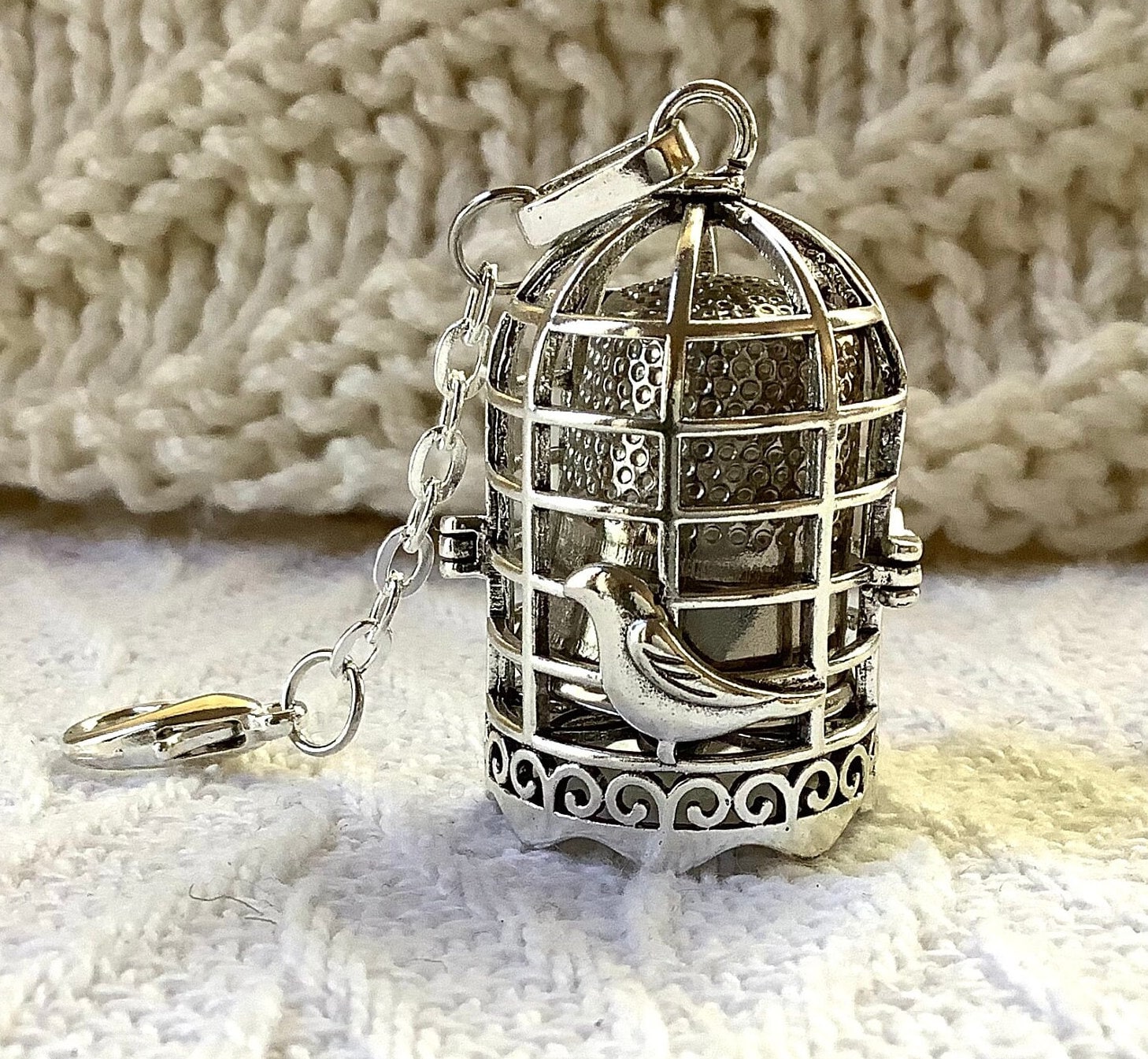 Victorian Style Silver Thimble Cage: Bird Motif Chatelaine Tool