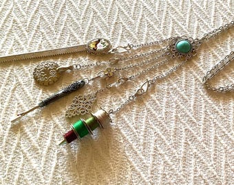 Vintage Style Turquoise Chatelaine: Silver Sewing Tool Necklace Set