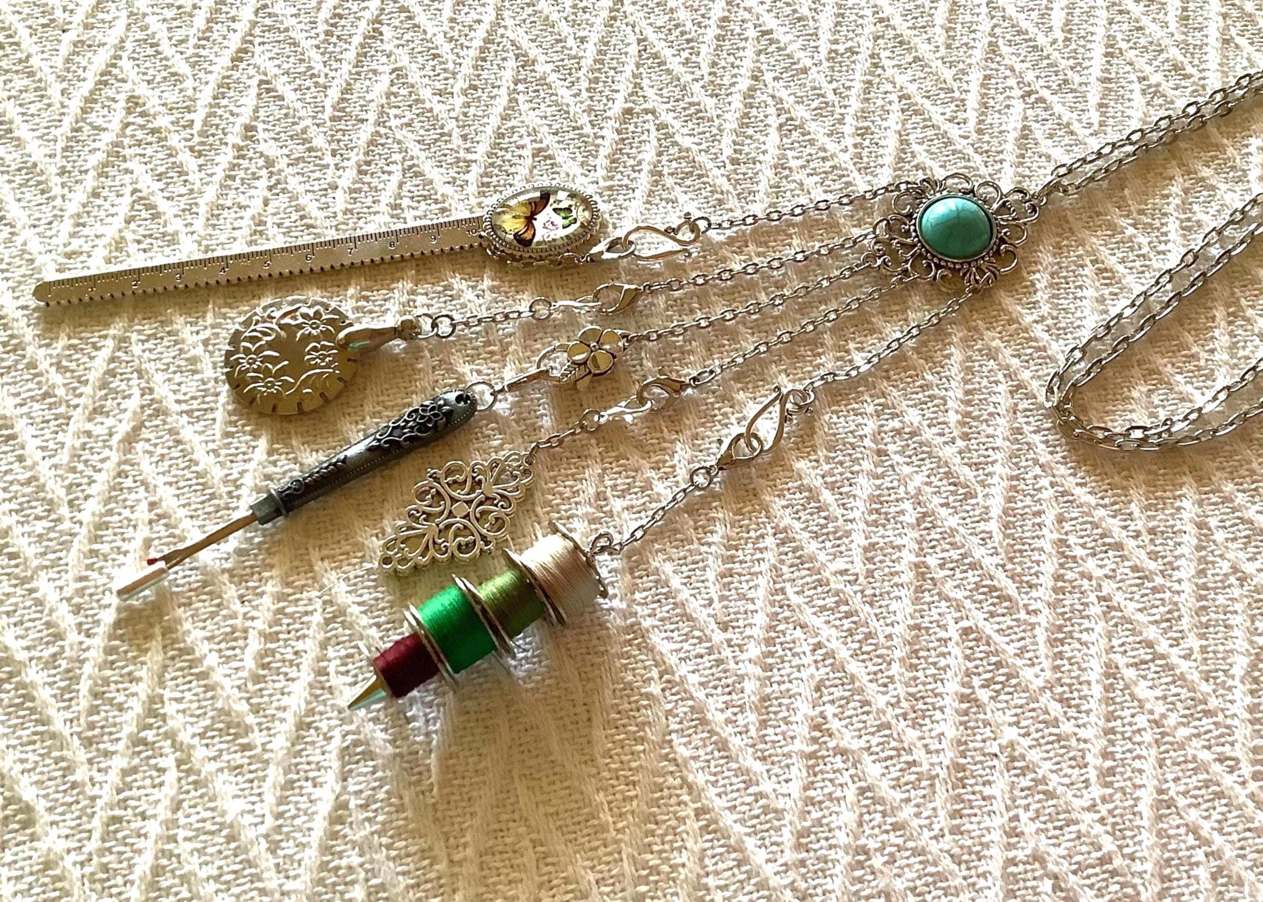 Vintage Style Turquoise Chatelaine: Silver Sewing Tool Necklace Set