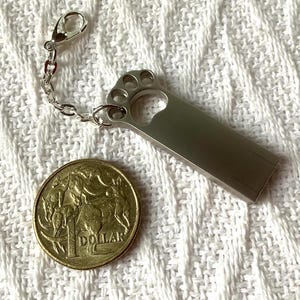 May include: A silver-colored USB flash drive with a paw print design, attached to a chain and clasp. A gold coin with the word "DOLLAR" is next to the drive. The items are on a white textured surface.