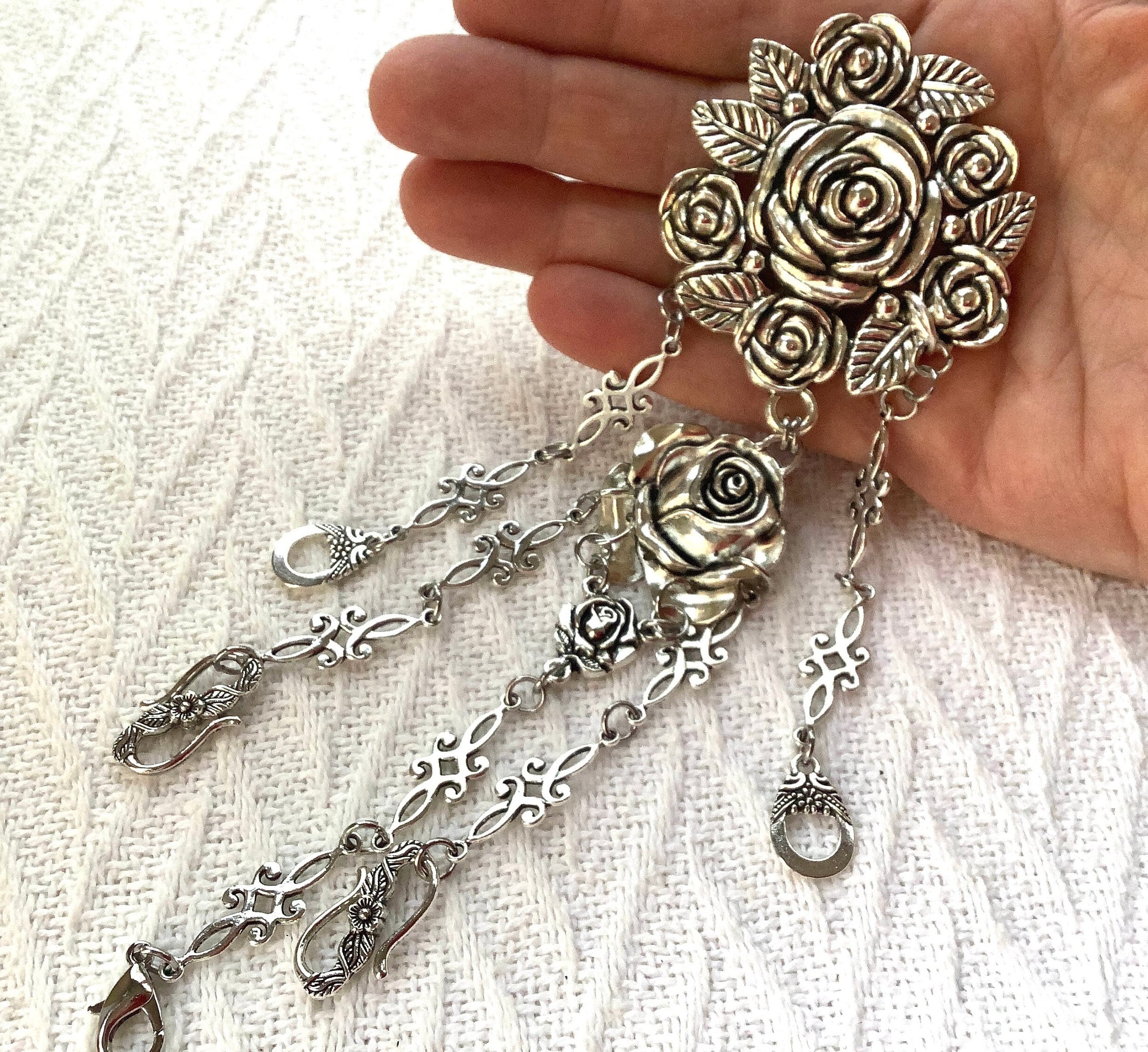 Exquisite roses chatelaine, Victorian style chatelaine, silver flower chatelaine, vintage style sewing tool organizer, sewing tool belt clip
