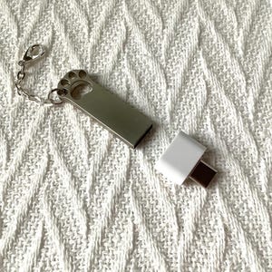 May include: A silver USB flash drive with a paw print design, attached to a chain and clasp, next to a white USB-C adapter. The items are on a white textured surface.