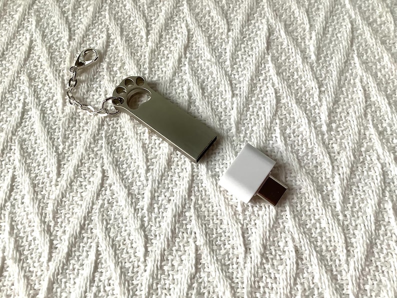 May include: A silver USB flash drive with a paw print design, attached to a chain and clasp, next to a white USB-C adapter. The items are on a white textured surface.