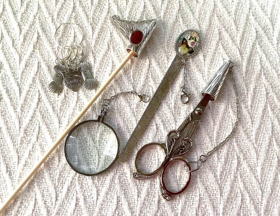 Knitting Chatelaine Gift Set: Silver Scissors, Stitch Markers, Ruler, Magnifier
