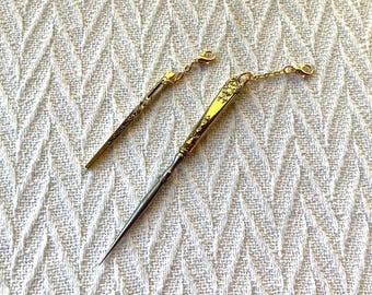 Antique Style Gold Awl and Threader Set: Victorian Look Chatelaine Tools