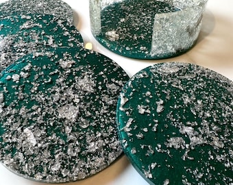 Silver Flake & Green Epoxy Resin Coaster Set with Holder – Handmade Luxury Drink Coasters, Gift Idea, Unique Christmas Present, Home Decor