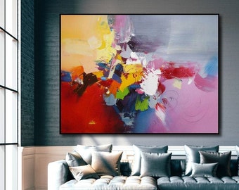 Puede incluir: Pintura abstracta con trazos audaces de rojo, amarillo, azul, verde y rosa. La pintura tiene un estilo moderno y contemporáneo.
