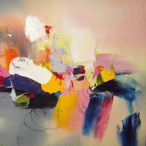 May include: Abstract painting with vibrant colors, including yellow, pink, blue, and purple. The painting has a dynamic and energetic feel, with swirling lines and bold brushstrokes.
