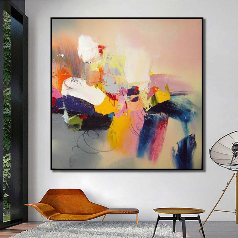 May include: Abstract painting with bold strokes of yellow, pink, blue, and green on a light gray background.