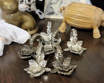 Vintage 1970&#39;s Set of 6 Heavy Chrome Rose Napkins Rings, Place Card Holders, Princess House &quot;Heritage Rose Pattern&quot;
