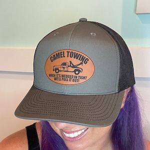 Camel Towing Funny Trucker Hat Man with Leather Patch | Richardson 112 Snapback | Yupoong 6606 | Hat With Adult Humor