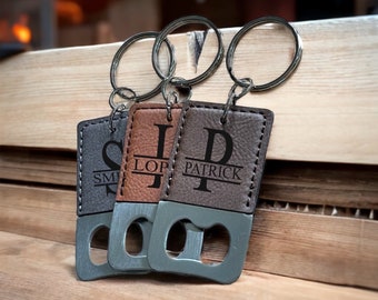 Personalized Bottle Opener Leather Keychain for Men: Custom Monogram Key Fob