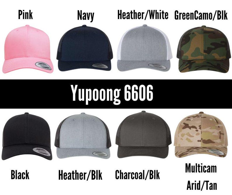 Op de afbeelding: Een collectie trucker caps in diverse kleuren, waaronder roze, marineblauw, heather grey en groen camouflage. De caps hebben een mesh achterkant en een gebogen klep. De tekst "Yupoong 6606" staat in het midden.