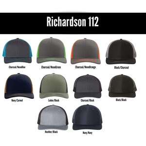 May include: A collection of Richardson 112 trucker hats in various color combinations. The hats feature a mesh back and a structured front panel. Colors include charcoal with neon blue, green, and orange, as well as navy, black, and heather gray options. The text "Richardson 112" is displayed.