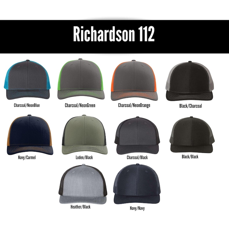 May include: A collection of Richardson 112 trucker hats in various color combinations. The hats feature a mesh back and a structured front panel. Colors include charcoal with neon blue, green, and orange, as well as navy, black, and heather gray options. The text "Richardson 112" is displayed.