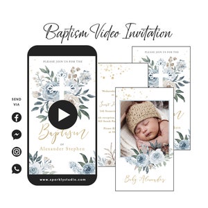 Baby Boy Blue Florals Baptism Video Invitation, Christening Video Invitation, Baptism & First Birthday Invitation