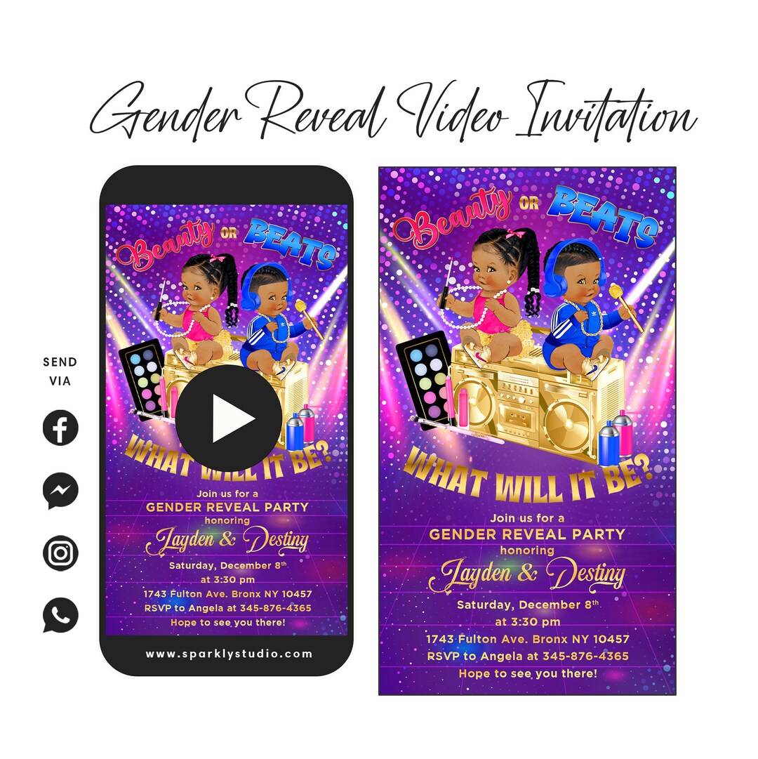 Beauty or Beats Gender Reveal Video Invitation, Boy or Girl Gender